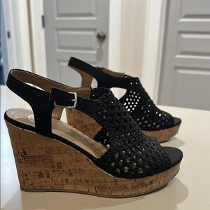 Black and Brown Wedge Sandals with Cork Heel platform